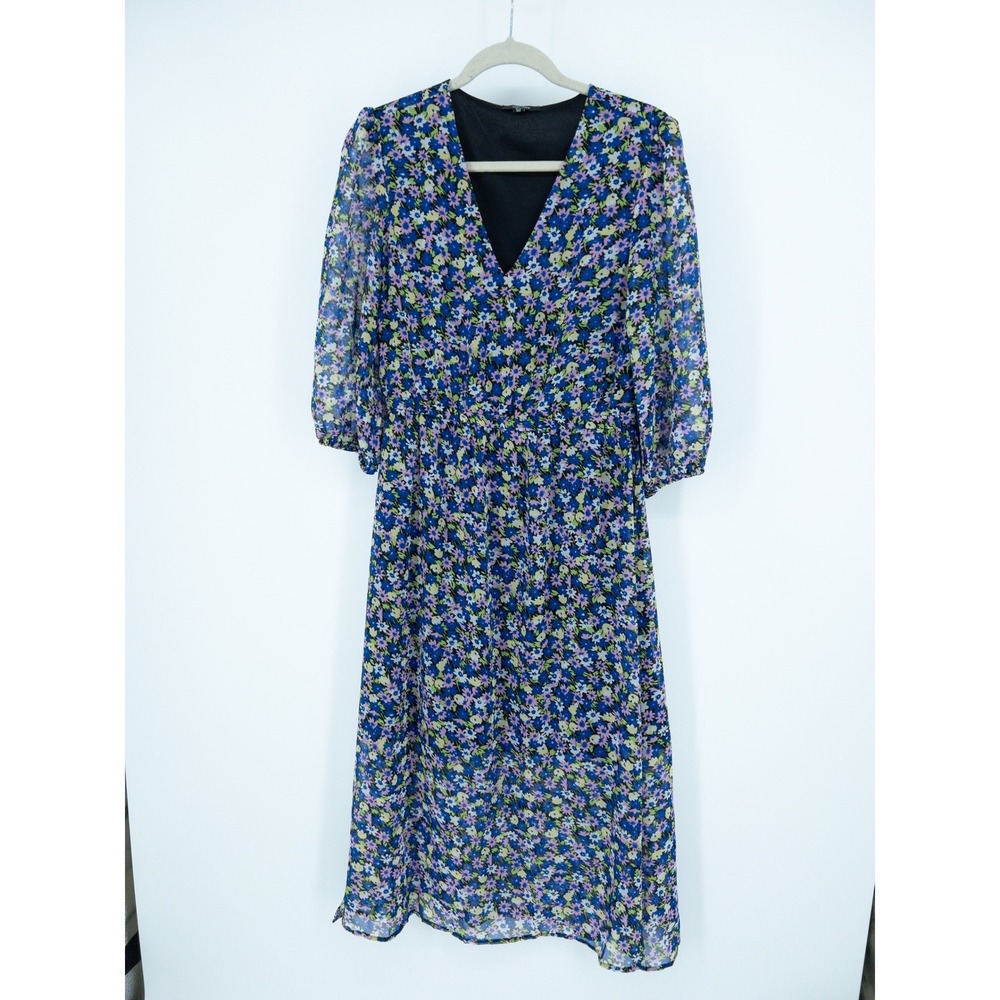 Saint + Sofia Floral V-Neck Midi Dress Blue Purple Ditsy Print Size‎ 8 USA